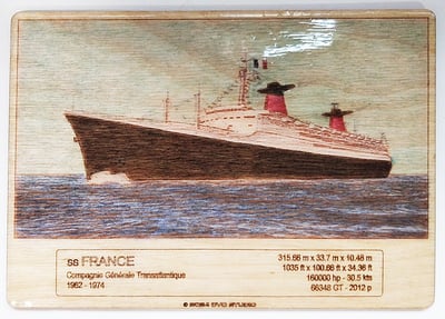 Laser engraved representation on wood of SS FRANCE ocean liner 3D