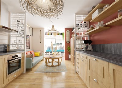 a kitchen with a couch and a table
