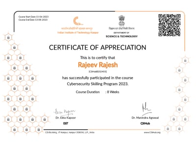 certificate of rajeev rajesh, Rajeev Rajesh