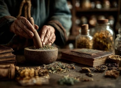 imagem focada nas mãos de uma pessoa masserando ervas em um pequeno pilão de madeira rústica