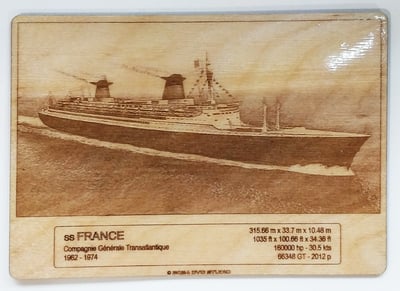 Laser engraved representation on wood of SS FRANCE ocean liner 3D