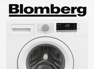 Blomberg logo above a front-loading Blomberg washing machine with a digital display, cycle selector 