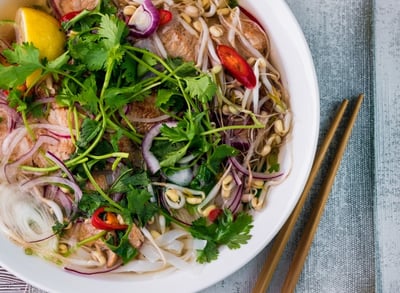 a bowl of noodles with noodle, vegan-meat and vegetables