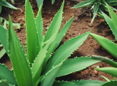 A healthy aloe vera plant with long, fleshy green leaves situated in a rectangular terracotta planter. The plant is placed against a textured, light-colored wall, with a small tomato plant growing nearby.