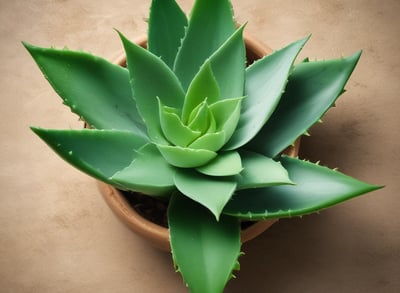 Vibrant green aloe vera plant with thick, fleshy leaves covered in a few scattered water droplets. Sunlight casts dark shadows on parts of the leaves, highlighting their texture and the natural patterns of the plant.