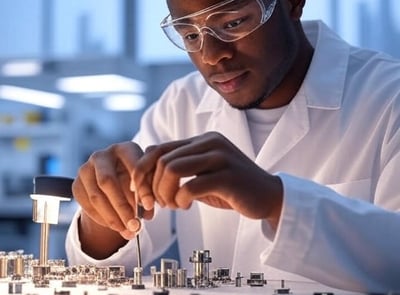 a man in a lab coat and goggles is holding a screwr