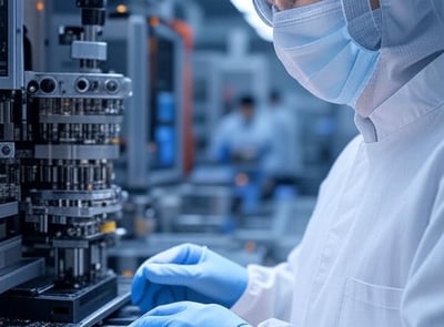 a man in a white lab coat and gloves is working on a machine