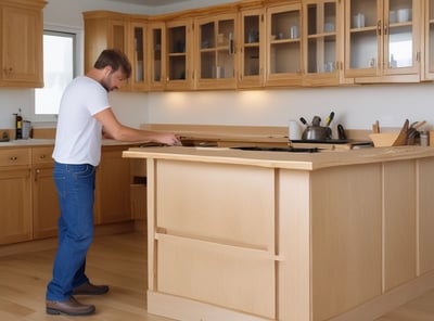 A modern wooden cabinet with straight lines and a light wood finish is partially illuminated by sunlight coming through a window. The light creates distinct shadows across the cabinet and the hardwood floor beneath it.