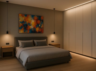 camera matrimoniale moderna con quadro ed illuminazione a led su progetto