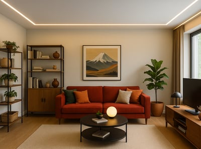 soggiorno moderno con quadro ed illuminazione a led su progetto
