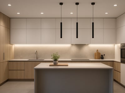 a kitchen with a large island and a potted plant cilindri su isola