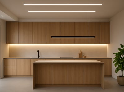 a kitchen with a large wooden counter top and pendant light