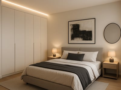 a bedroom with a bed and a mirror
