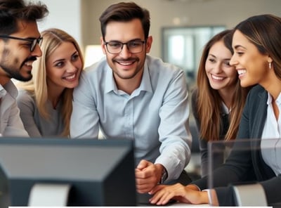 "Group of professionals smiling at a computer with text reading 'Software' and a typo below."