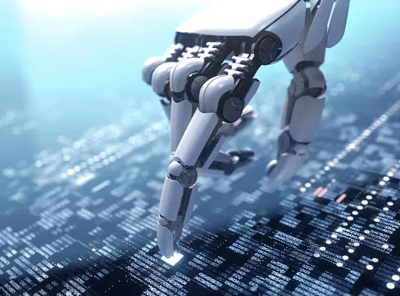 a robot hand holding a piece of technology