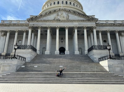 The United States capital building with a lady in front