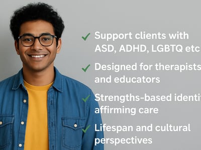 Neurodiversity course visual with student and key features for therapists and educators.