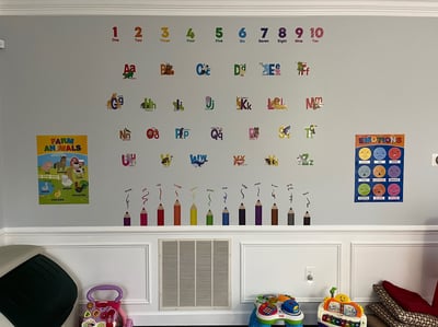 Photo of daycare room where children play. Includes 1 to 10 and A to Z.