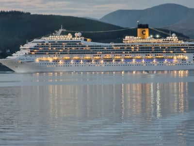 View from the window at at Gourock Seaview Holiday Let cruise ship in the water with mountains