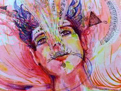 détails autoportrait de Naía à l'aquarelle aux tons rouges, avec un flux d'information qui s'échappe de sa bouche