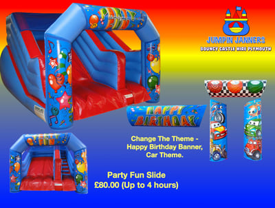 Party Fun Slide Bouncy Castle Hire Plymouth (Change the theme), Cars, Happy Birthday