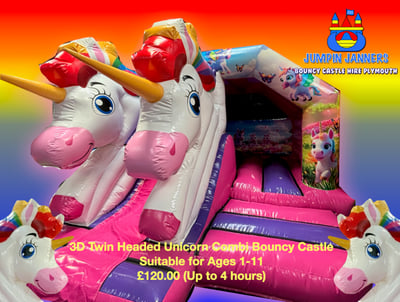 3D Twin Headed Unicorn Combi Bouncy Castle - Jumpin Janners - Bouncy Castle Hire Plymouth
