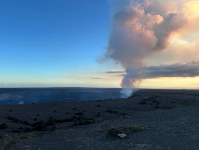 smoke plume rising out of Halema'uma'u Crater seen from Jagger Museum lookout
