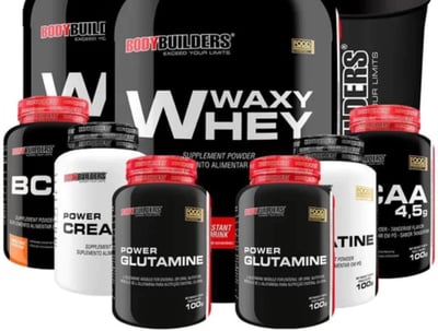Kit com whey protein e creatina, ideal para ganho de massa muscular e melhor desempenho.