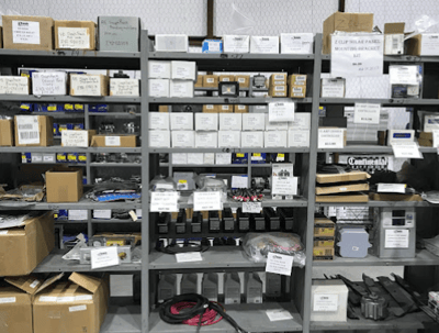 Our stock of Wind and Solar parts on a shelf