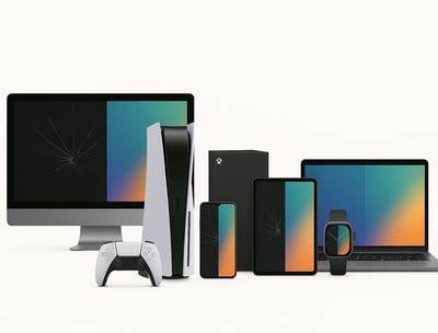 Gaming console, smartphone, and laptop lined up for tech repair