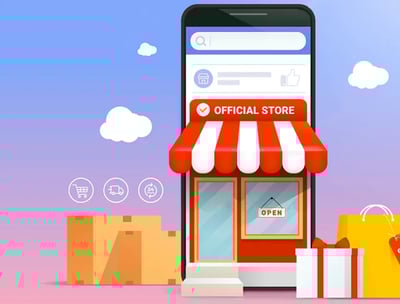 Tienda virtual con ícono de carrito de compras y teléfono mostrando una tienda online
