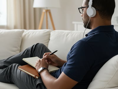 male business owner listening to business podcast episode