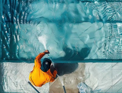 Vertical view of a luxurious, crystal-clear swimming pool with elegant tile edges