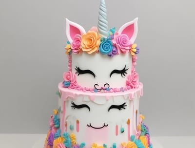 A whimsical cake designed to look like a unicorn, featuring a white face with a colorful mane in blue and pink tones. The cake is adorned with star and circle decorations, primarily in pink, and a golden horn. It appears to be placed on a plain background with a person in yellow clothing partially visible in the blurred background.