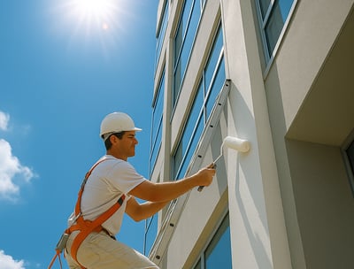 Profissional pintando fachada de prédio comercial com rolo, em escada e usando cinto de segurança