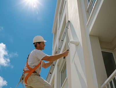Profissional pintando fachada de prédio comercial com rolo, em escada e usando cinto de segurança