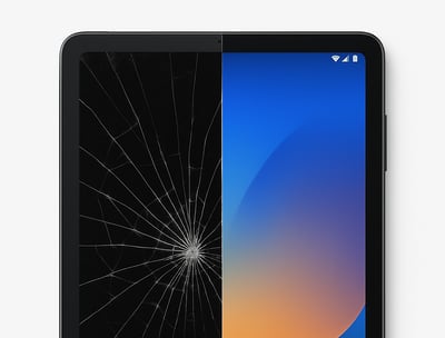 Tablet with cracked screen next to repaired version