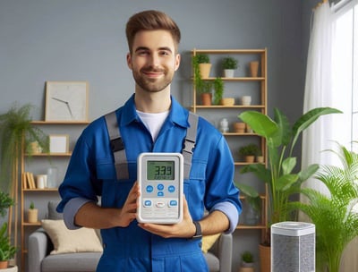 A man who shows a good quality of the indoor air with the controller on his hands