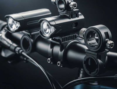 A close-up, dark and moody studio shot showcases sleek, black plastic bike mounts designed for cycling accessories.