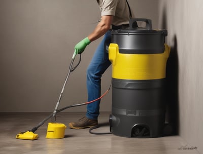 A person in a cleaning uniform is pushing a floor cleaning machine in front of a large wall made of blue-tinted glass blocks. The shadowed silhouette of another person is visible in the foreground, captured mid-step, creating a dynamic sense of motion.