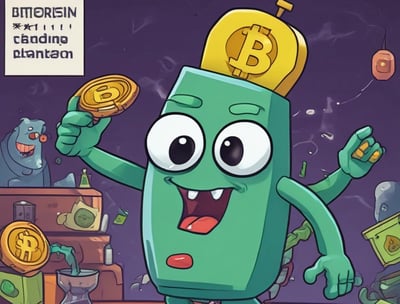 A collection of four coin-like representations of cryptocurrencies including Ethereum, Bitcoin, and Dogecoin. Each coin displays symbols or text related to its respective cryptocurrency. The background features a financial chart with candlestick patterns, suggesting a trading or investment context.