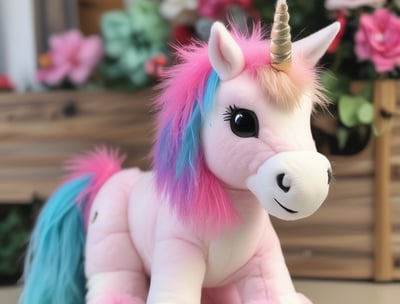 A colorful cake decorated with a fondant rainbow and clouds, topped with a unicorn figurine, surrounded by vibrant blue and pink balloons. The cake features stars and is placed on a table with a dark cloth and red petals.