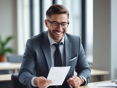 a man in a suit and tie smiling while holding a piece of paper