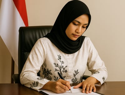 An Indonesian woman in a white batik blouse and black hijab writing on a document in an office, with