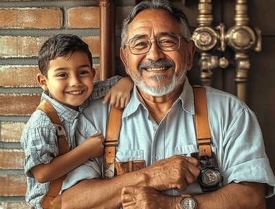 a middle-aged plumber and his grandson smiling 