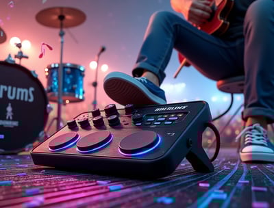 Músico tocando violão ao vivo com o pé no pedal MINI DRUMS sobre um palco pequeno com equipamento de som