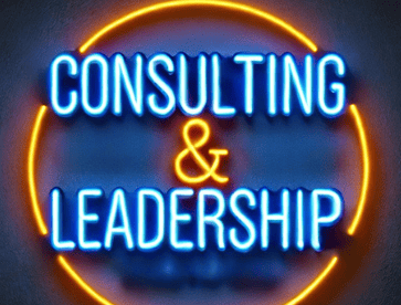 a neon - lit sign that says consulting and leadership