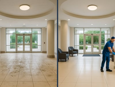 Before and after view of downtown Louisville office lobby cleaned by NexaPro