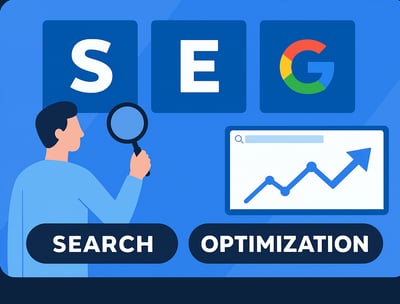Flechas apuntando hacia el logotipo de Google SEO con íconos de búsqueda y optimización