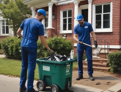 two men in blue uniforms are moving around a yard